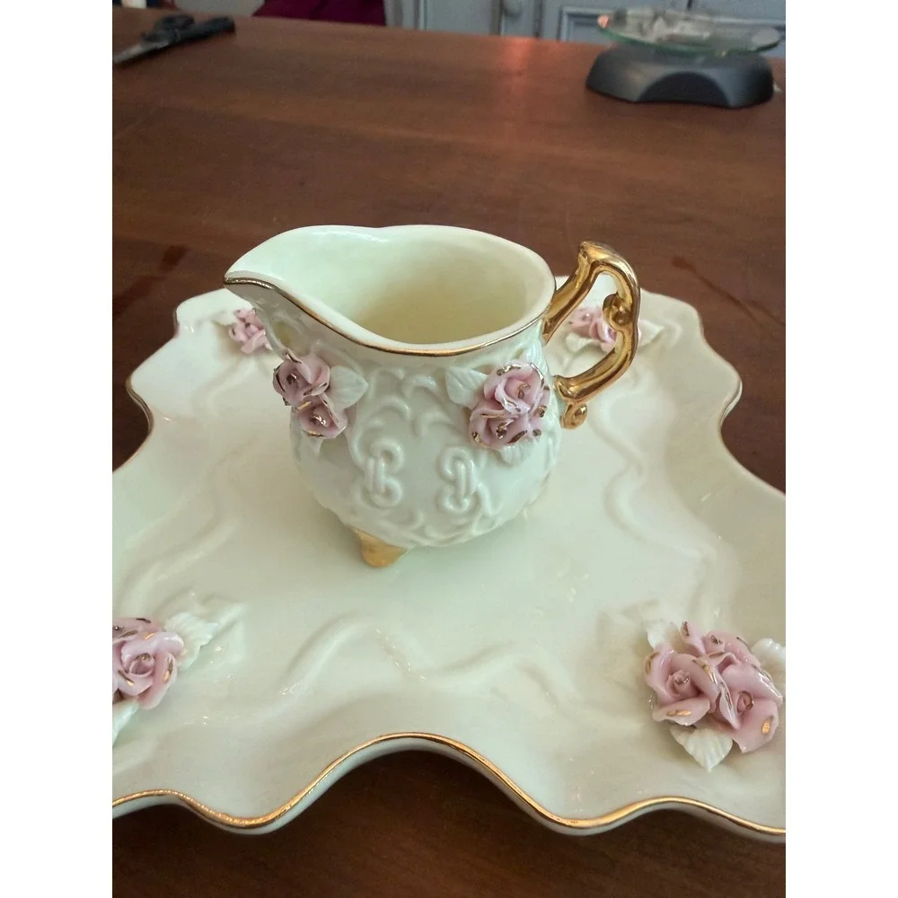 Vintage Porcelain Tea Set Pink 3D Roses Gold Trim Teapot Creamer Sugar Tray